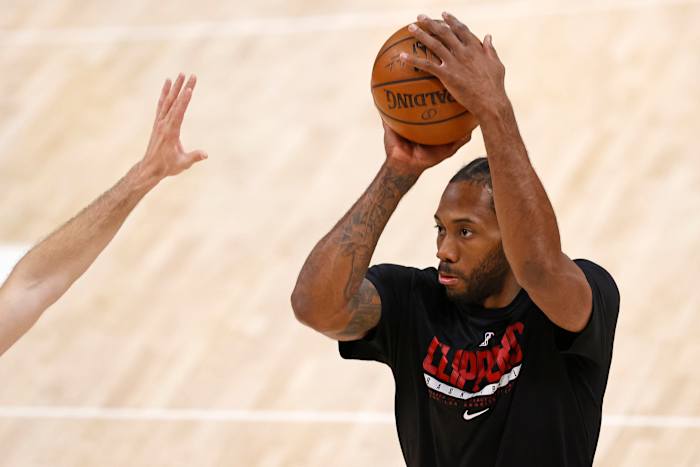Jun 8, 2021; Salt Lake City, Utah, USA; LA Clippers forward Kawhi Leonard (2) warms up prior to game one in the second round of the 2021 NBA Playoffs. at Vivint Arena. Mandatory Credit: Jeffrey Swinger-USA TODAY Sports